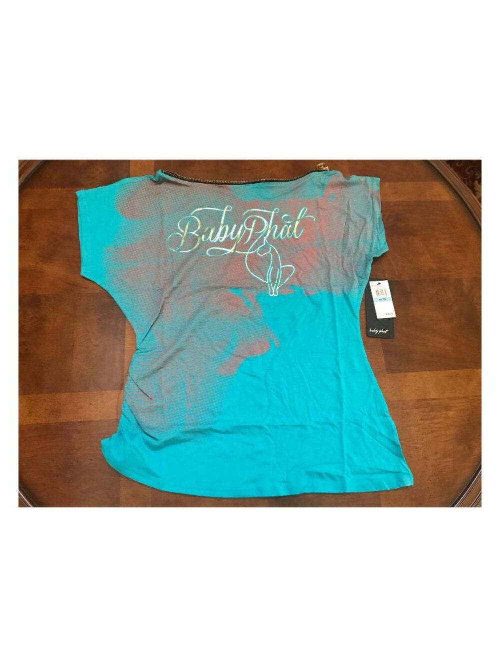 BABY PHAT Zipper Neck Top Short Sleeve Blue Top Women Plus Size 1X Teal NEW Zip